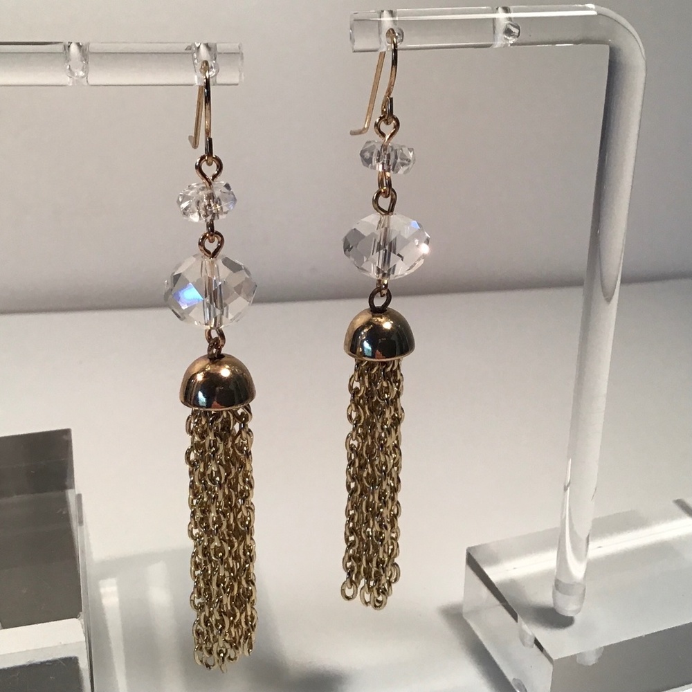Earrings Gold Tone Fringe And Faux Crystals Drops